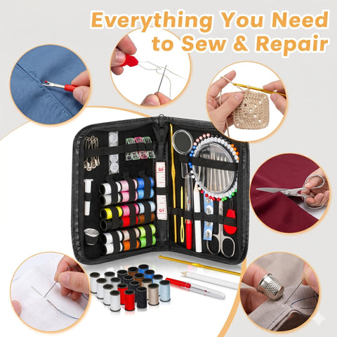 Open Portable Sewing Kit For Beginners And Kids 142 Piece Travel Set with multicolor thread, scissors, and needles