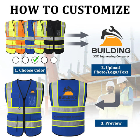 Custom Printed High Visibility Safety Vest With Reflective Tape For Contractors And Crews Featuring Zippered Front Design with color options.