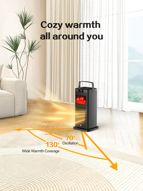 New 1500W Portable Space Heater With Fireplace Flame Effect, ETL And UL Certified, in a living room demonstrating oscillation