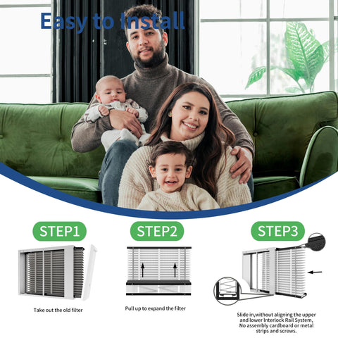 Family in living room; steps to install 2 Pack Replacement Filter For 210 Series Whole House Air Purifiers Fits 1210 1620 2210 2216 3210 4200