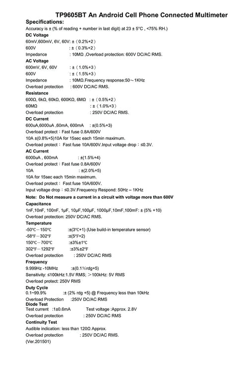 Specifications sheet for TP9605BT Auto Ranging Digital True RMS Smart Multimeter with Bluetooth, showing technical details.