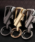 Ultimate Reusable Waterproof Survival Lighter With Multitool Keychain And Bottle Opener, shown in black, gold, and silver.