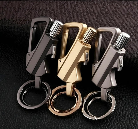 Ultimate Reusable Waterproof Survival Lighter With Multitool Keychain And Bottle Opener, shown in black, gold, and silver.