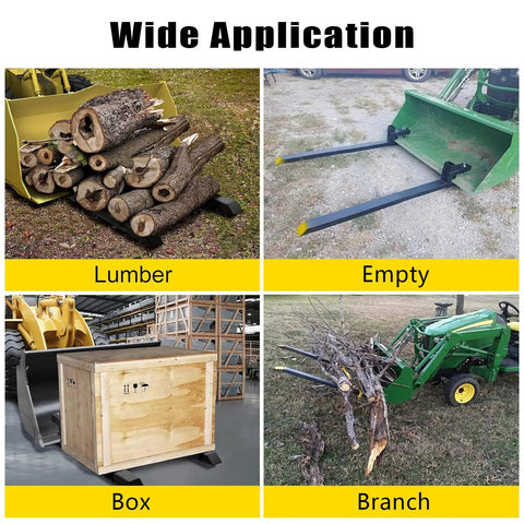 Clamp On Pallet Forks For Tractor Bucket With Adjustable Stabilizer Bar, 43 Inch Length, used for lumber, boxes, branches.