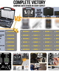 Comparison chart of No-Fuss Tool Free Green Laser Bore Sight Kit With 64 Upgraded Adapters for various calibers, highlighting features.