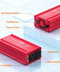 Heavy Duty Car Power Inverter Dc 12V To Ac 110V With Pd Fast Charging Dual Usb Ports and Two Standard Outlets, 400W red unit.