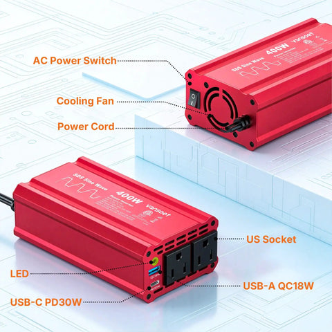 Heavy Duty Car Power Inverter Dc 12V To Ac 110V With Pd Fast Charging Dual Usb Ports and Two Standard Outlets, 400W red unit.