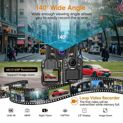 4K Body Camera With Gps And Night Vision For Police Usa, 128Gb Storage Security Body Cam, 48Mp Photos 2 Spare Batteries, 105 Degree Field Of View, Hd Video Tough Gear Setup For Law Enforcement with 140 degree wide angle