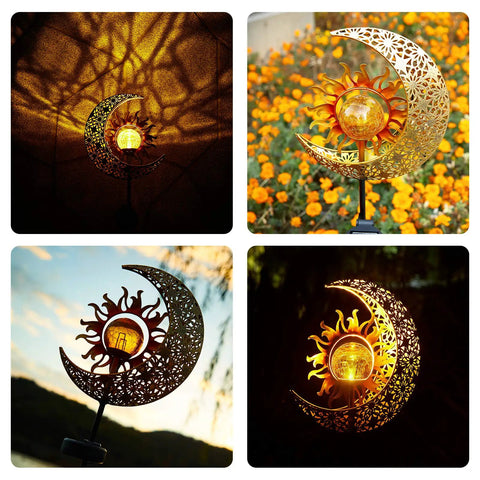 Sun And Moon Crackle Glass Solar Globe Stake Lights For Garden, Waterproof LED Pathway Lamps With Dope Amber Glow, 1 Pack