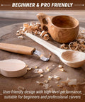 Left Handed Hook Whittling Knife Cut From Heavy Duty Carbon Steel For Easy Bowl And Kuksa Turning, alongside wooden spoon and cup.