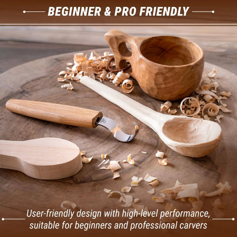 Left Handed Hook Whittling Knife Cut From Heavy Duty Carbon Steel For Easy Bowl And Kuksa Turning, alongside wooden spoon and cup.