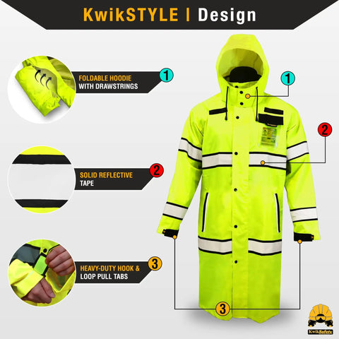 Torrent Trench High Visibility Rain Gear 2 Pack Class 3 ANSI OSHA Reflective Weatherproof Hi Vis Jacket Yellow Medium With Water Resistant ID Pocket And Large Zippered Pockets And Armpit Ventilation; yellow jacket with foldable hood and reflective tape details.