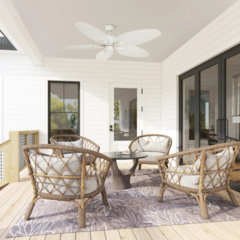 Duval 52 Inch Indoor Outdoor Ceiling Fan With Quick 2 Hang Mount Dual Mount 5 Blade Tropical Design in a patio setting