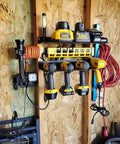Electric Drill Storage Rack With Wall Mount Organizer Holds 4 Drills Plus Accessory Shelf Heavy Duty Steel With Scratch Resistant Finish Great For Garage Workshop Home Shed