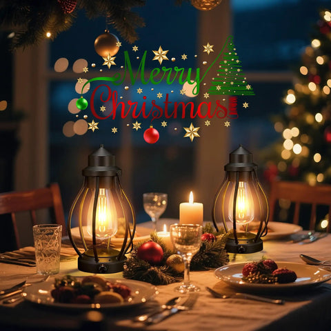 Two Pack Battery Powered LED Lanterns With Dimmerable Warm White Edison Bulbs Vintage Oil Lantern Look on Christmas table
