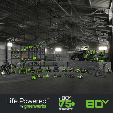 Greenworks 80V tools displayed in a warehouse, including All-Terrain Brushless Edger With 8 Inch Steel Blade And 2.25 Inch Pro Depth
