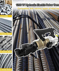 Rock Solid Electric Rebar Bender And Straightener 1200W Motor with various steel bars in background.