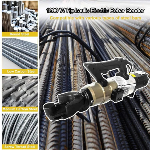 Rock Solid Electric Rebar Bender And Straightener 1200W Motor with various steel bars in background.