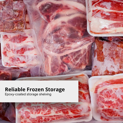Image of meat products arranged in a reliable frozen storage setup within The Real Deal Heavy Duty Reach In Freezer With Two Section Split Solid Doors Serious 43 Cubic Foot Capacity Top Shelf Cold Storage Built Tough For Bustling Kitchens And High Volume Food Service.