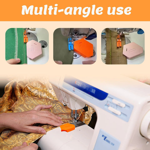 Three-pack magnetic seam guides for sewing machines; hexagonal, scale-marked, assorted colors, shown installed for hems.