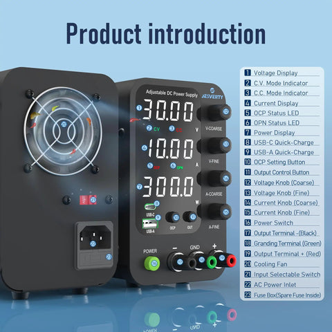 Variable DC Power Supply 0 To 32V 0 To 10A Switching Bench Power Supply With 20W USB C Quick Charge And USB A Coarse And Fine Encoder Knobs Output On Off Switch Four Digit LED Display SPS 3010V front view with LED indicators.