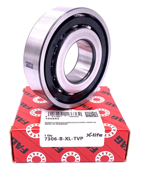 Single Row Angular Contact Ball Bearing 30X72X19 mm on box, FAG 7306-B-XL-TVP, designed for precision in heavy machinery.