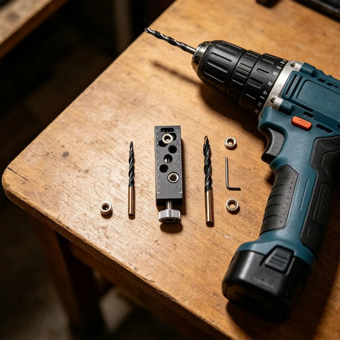 Rock Solid Aluminum Alloy Pocket Hole Jig No Fuss Drill Guide Tool With Snap Lock Countersink Design For Quick Woodworking and Furniture Assembly Builds on a wooden table.