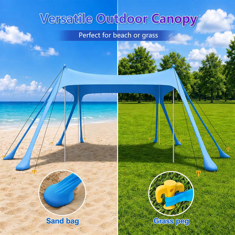 Grab And Go Beach Tent Sun Shelter 10x10 Ft UPF50 Plus Canopy shown on sand and grass with sandbags and grass pegs