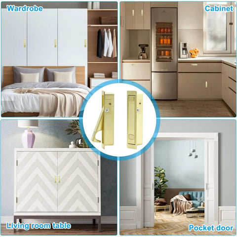 Top Notch Flush Pocket Door Handle Featuring Easy Press Pop Action Sleek Satin Brass Finish on wardrobe and cabinet doors.
