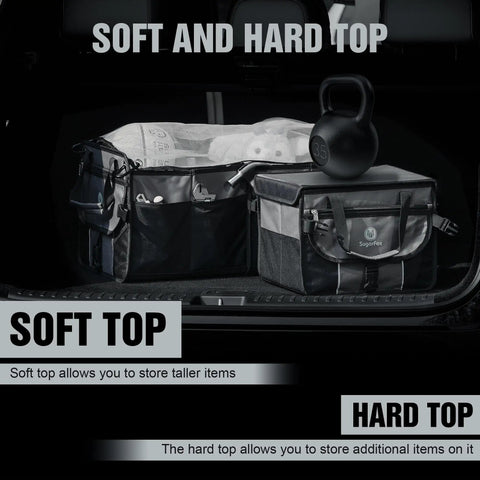 Heavy Duty Car Trunk Organizer For SUV With 63L 26L Modular Storage Foldable Waterproof Non Slip Multi Compartment Soft And Hard Covers Black M006 For Daily Use And Road Trips, shown with soft and hard top compartments filled with gear.