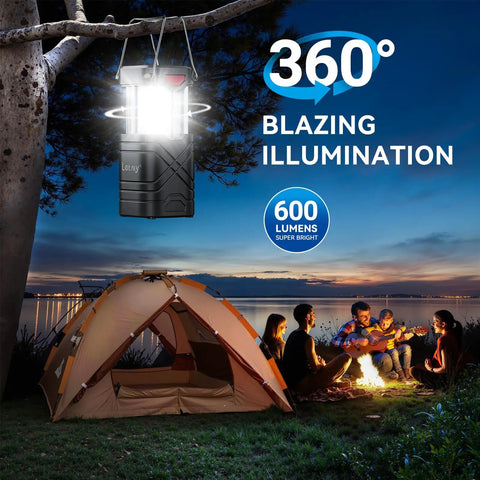 LED camping lantern illuminating a tent and group by campfire, 4 Pack LED Camping Lanterns With Solar USB Rechargeable AA Battery Power Options