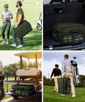 Golf Trunk Organizer With Dual Shoe Compartments Up To Size 15 Car Locker for Balls Tees Clothes Gloves Accessories in use on golf course