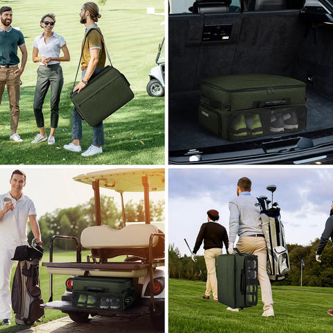 Golf Trunk Organizer With Dual Shoe Compartments Up To Size 15 Car Locker for Balls Tees Clothes Gloves Accessories in use on golf course