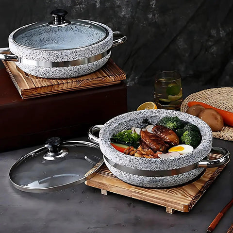 Heavy Duty Thick Granite Stone Bowl With Wood Base And Glass Lid Induction Ready Donabe Style Pot For Bibimbap Rice Bowls