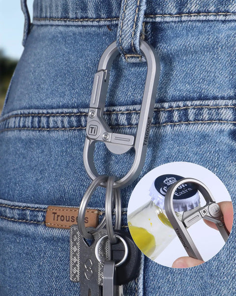 Rugged Titanium Carabiner Keychain Clip With Quick Release Minimalist EDC Key Hook And Bottle Opener on jeans loop