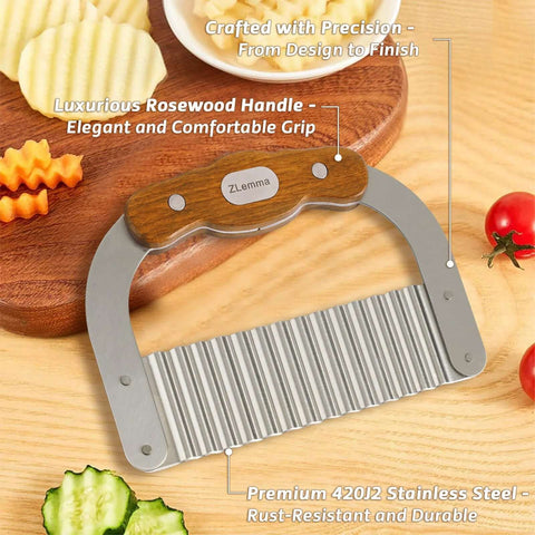 ZLemma crinkle cutter knife for kids, front view; rosewood handle, bear-shaped wavy blade, 420J2 stainless steel blade