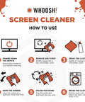 Whoosh! Screen Cleaner infographic with six-step usage guide for cleaning screens using spray bottle and microfiber cloth