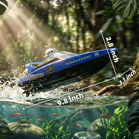 Two Pack 10 Inch Remote Control Boat For Pools And Salt Water Fast 15 KPH Dual Speed RC Boats jumping above water with dimensions