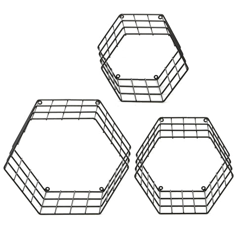Matte Black Hexagonal Wire Mesh Floating Shelves Set Of 3 Wall Mounted Display Rack For Bedroom Or Office Legit Heavy Duty Storage For Books Plants And Collectibles That Totally Slaps With Modern Vibes