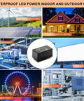 Waterproof LED power supply for indoor and outdoor use, featuring compact design for factory automation and lighting.