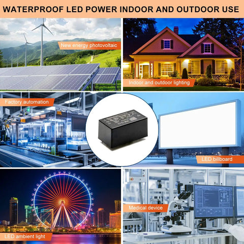 Waterproof LED power supply for indoor and outdoor use, featuring compact design for factory automation and lighting.
