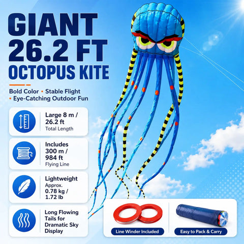 Giant blue 26.2 ft octopus kite with long tentacles in sky, includes 984 ft line and line winder, for outdoor fun.