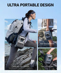A person carrying the SOLIX C300 Portable Power Station With 288Wh LiFePO4 Battery hiking on a rocky trail.