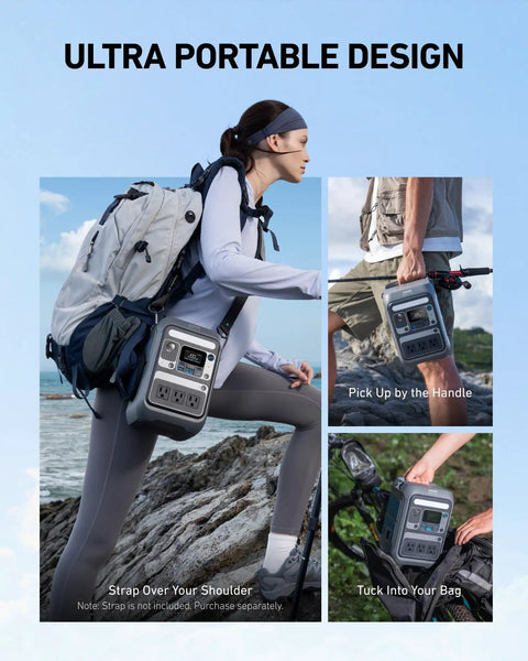 A person carrying the SOLIX C300 Portable Power Station With 288Wh LiFePO4 Battery hiking on a rocky trail.