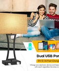 Set of 2 Touch Control Table Lamps With 3 Way Dimmable Lighting USB Ports for Quick Charging Cream Fabric Shade Nightstand Lamps for Living Room Bedroom Hotel Decor Cozy Vibe shown with two people and devices