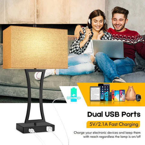 Set of 2 Touch Control Table Lamps With 3 Way Dimmable Lighting USB Ports for Quick Charging Cream Fabric Shade Nightstand Lamps for Living Room Bedroom Hotel Decor Cozy Vibe shown with two people and devices