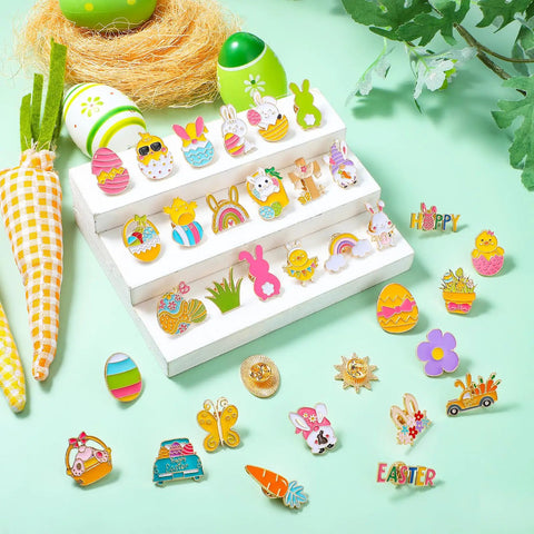 Grab These Fresh Forty Piece Easter Enamel Pins Bulk Collection Featuring Super Cute Spring Brooches With Classic Bunny Egg Carrot Designs on display.
