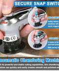 Showcasing the Handheld Pneumatic Chamfering Tool For Metal with secure snap switch, suitable for corner deburring on materials.