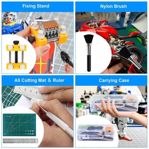 192 Piece Model Tool Kit For Figure And Vehicle Models with fixing stand, nylon brush, A5 cutting mat, carrying case.