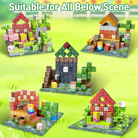 Dope Magnetic Base Plates Set For Minecraft Four Green 4x4 Base Boards Magnetic Building Blocks Foundation For Stable Play And Display Creations Durable Plastic Perfect Gift For Kids Boys And Girls image showing four designed Minecraft boards with blocks and figures.